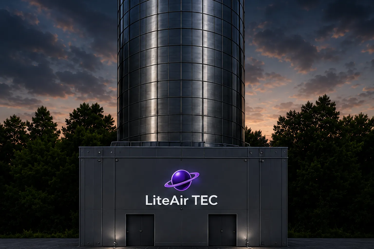A LiteAir capture station at dusk, with the tower rising above the equipment housing