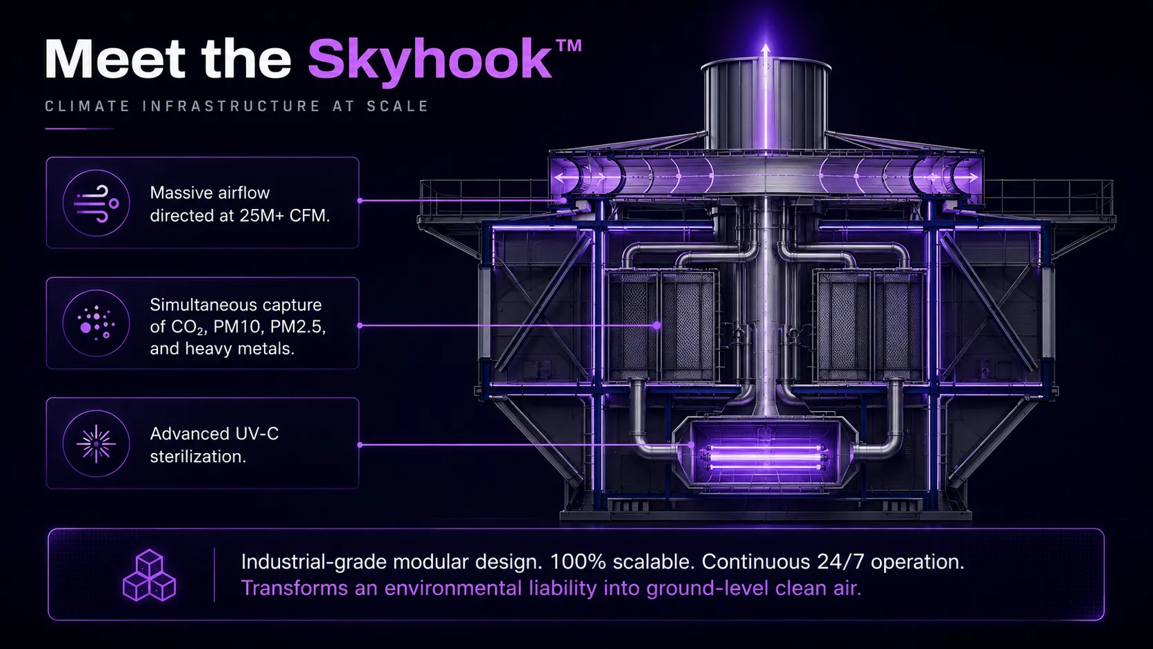A LiteAir SkyHook tower rising above an industrial site, with its intake at pollution level