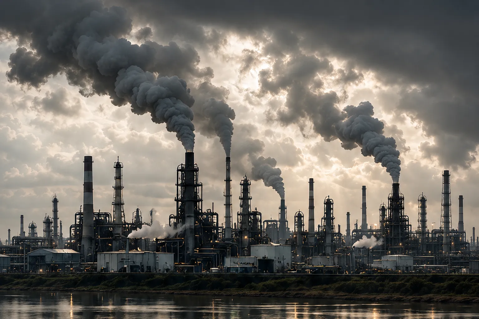 Uncaptured process emissions rising from stacks at an industrial facility